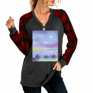 Women Moon Trees V Neck Plaid Long-Sleeved T-Shirt