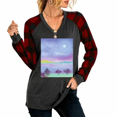 Women Moon Trees V Neck Plaid Long-Sleeved T-Shirt