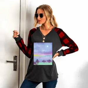 Women Moon Trees V Neck Plaid Long-Sleeved T-Shirt