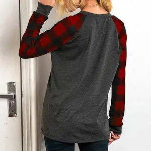 Women Moon Trees V Neck Plaid Long-Sleeved T-Shirt