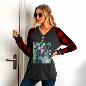 Women Garden Of Eden V Neck Plaid Long-Sleeved T-Shirt