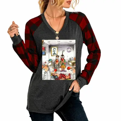 Women Office Injury V Neck Plaid Long-Sleeved T-Shirt