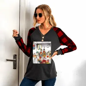 Women Office Injury V Neck Plaid Long-Sleeved T-Shirt