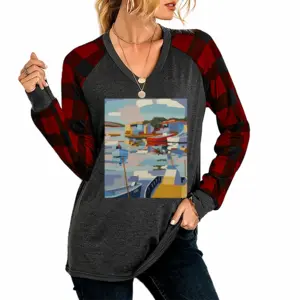 Women Sète La Pointe Courte V Neck Plaid Long-Sleeved T-Shirt