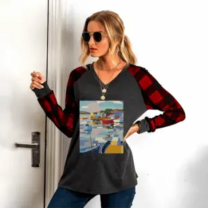 Women Sète La Pointe Courte V Neck Plaid Long-Sleeved T-Shirt