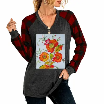 Women Delighted V Neck Plaid Long-Sleeved T-Shirt