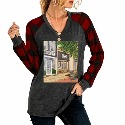 Women Antiques East Hampton V Neck Plaid Long-Sleeved T-Shirt