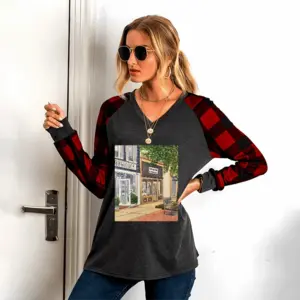 Women Antiques East Hampton V Neck Plaid Long-Sleeved T-Shirt