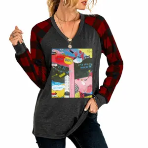 Women Pointless V Neck Plaid Long-Sleeved T-Shirt