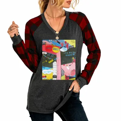 Women Pointless V Neck Plaid Long-Sleeved T-Shirt