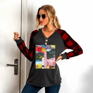 Women Pointless V Neck Plaid Long-Sleeved T-Shirt