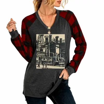 Women Gas Works V Neck Plaid Long-Sleeved T-Shirt