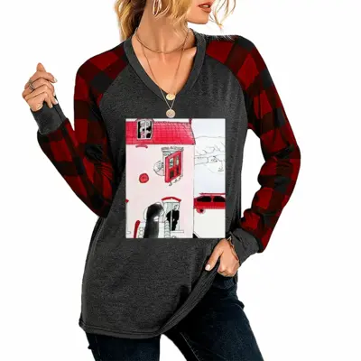 Women Dream House V Neck Plaid Long-Sleeved T-Shirt