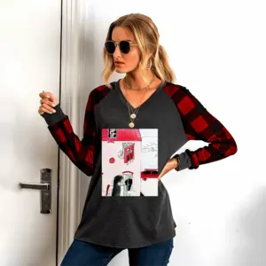 Women Dream House V Neck Plaid Long-Sleeved T-Shirt