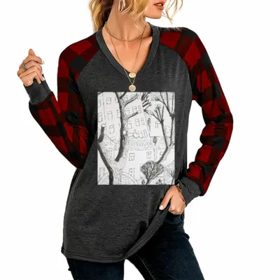 Women Trees V Neck Plaid Long-Sleeved T-Shirt