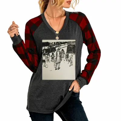 Women Street Kids V Neck Plaid Long-Sleeved T-Shirt