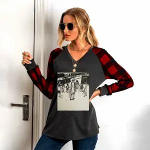 Women Street Kids V Neck Plaid Long-Sleeved T-Shirt