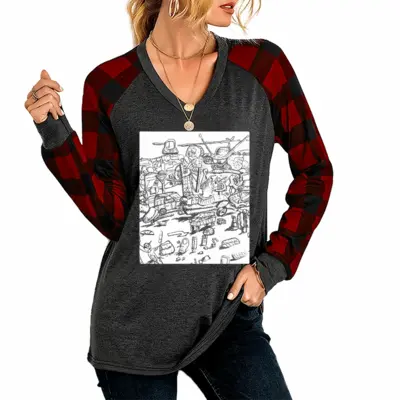 Women Battleground V Neck Plaid Long-Sleeved T-Shirt