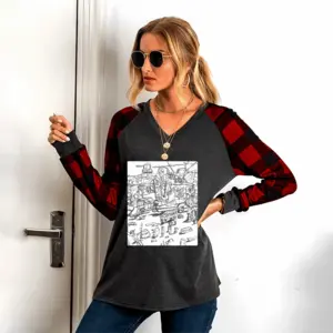 Women Battleground V Neck Plaid Long-Sleeved T-Shirt