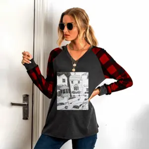 Women You Are Being Watched V Neck Plaid Long-Sleeved T-Shirt