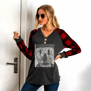 Women Party Time V Neck Plaid Long-Sleeved T-Shirt