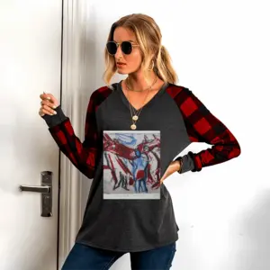 Women Smithfield Meat Market V Neck Plaid Long-Sleeved T-Shirt