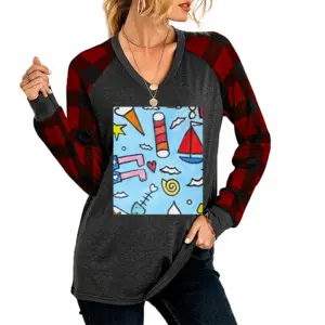 Women Seaside V Neck Plaid Long-Sleeved T-Shirt