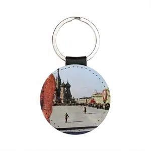 Lady In Red Square Leather Circular Keychain