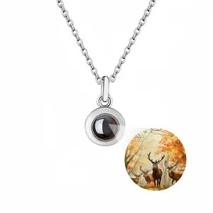 Deer Family In An Autumn Forest Titanium Steel Projection Necklace