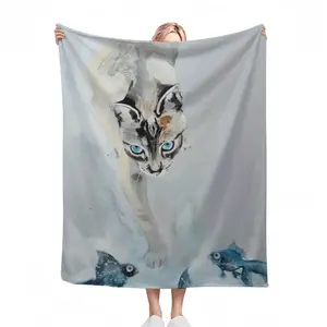 Cat With Fish Flannel Blanket (Multi-Size, Vertical)