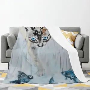 Cat With Fish Flannel Blanket (Multi-Size, Vertical)