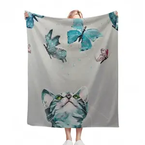 Cat And Butterflies Flannel Blanket (Multi-Size, Vertical)