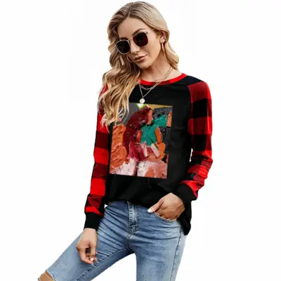 Women Ham And Cheese Round Neck Plaid Long-Sleeved T-Shirt