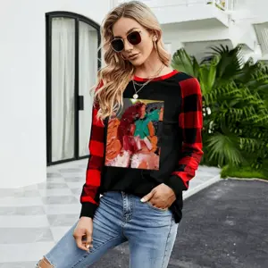 Women Ham And Cheese Round Neck Plaid Long-Sleeved T-Shirt