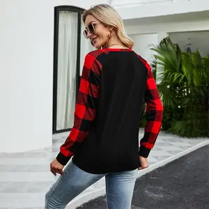 Women Ham And Cheese Round Neck Plaid Long-Sleeved T-Shirt