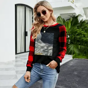 Women Message Series 2C Round Neck Plaid Long-Sleeved T-Shirt