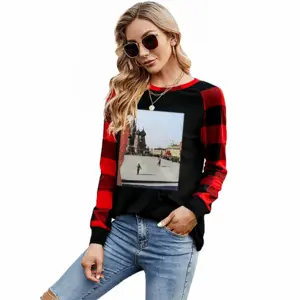 Women Lady In Red Square Round Neck Plaid Long-Sleeved T-Shirt