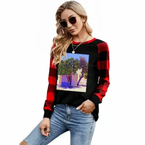 Women Santorini Trees In Oia Round Neck Plaid Long-Sleeved T-Shirt