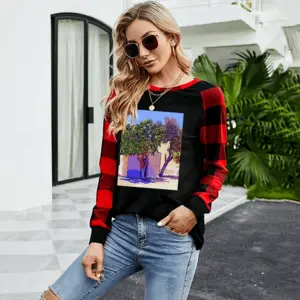 Women Santorini Trees In Oia Round Neck Plaid Long-Sleeved T-Shirt