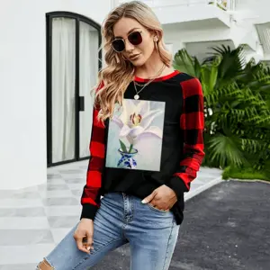 Women Lily Round Neck Plaid Long-Sleeved T-Shirt