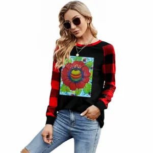 Women Flower Planet Round Neck Plaid Long-Sleeved T-Shirt