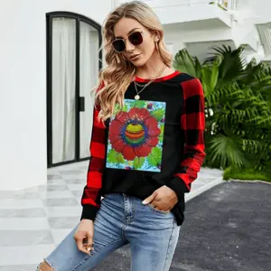 Women Flower Planet Round Neck Plaid Long-Sleeved T-Shirt