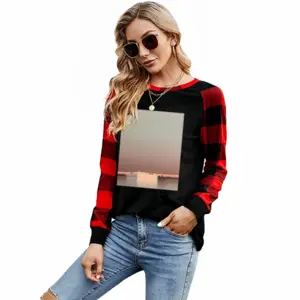 Women A Small Boat With Blue Sky Round Neck Plaid Long-Sleeved T-Shirt