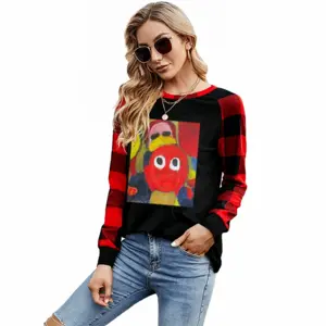 Women Argument Round Neck Plaid Long-Sleeved T-Shirt