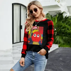 Women Argument Round Neck Plaid Long-Sleeved T-Shirt