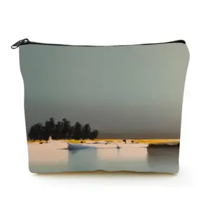 Blue Lagoon With Three Boats And Trees Linen Cosmetic Bag