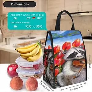 Raccoon Celebrating Spring Insulated Lunch Bag (Mesh Pocket)