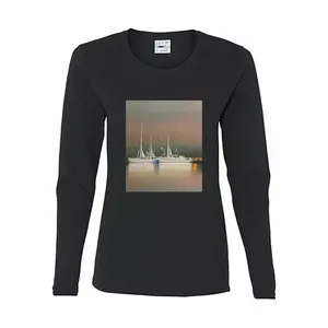 Women Sailboats Anchored At Sunset Long Sleeve T-Shirt (Cotton)