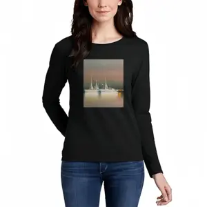 Women Sailboats Anchored At Sunset Long Sleeve T-Shirt (Cotton)