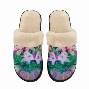 Men Lilies On White Fuzzy Slippers